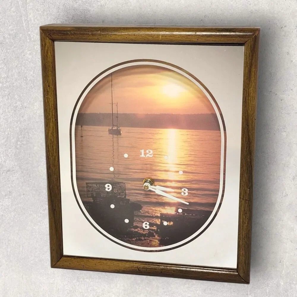 1970s Intercraft Shadowbox Wall Clock Fisherman Seascape Sunset MCM Works VNTG
